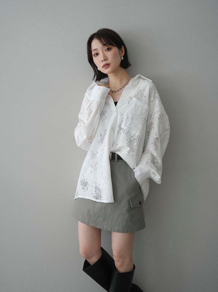 【套裝】提花蕾絲罩衫+繫帶工裝迷你裙（兩件套）