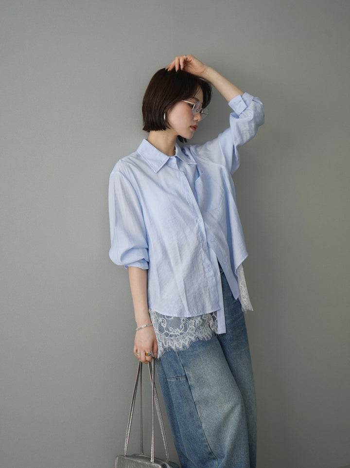 [予約]レイヤードデザイン裾レースブラウス/blue