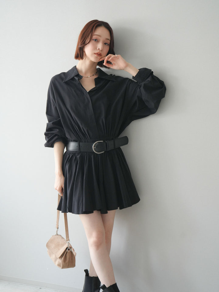 [予約]ベルト付フレアシャツミニワンピース/black