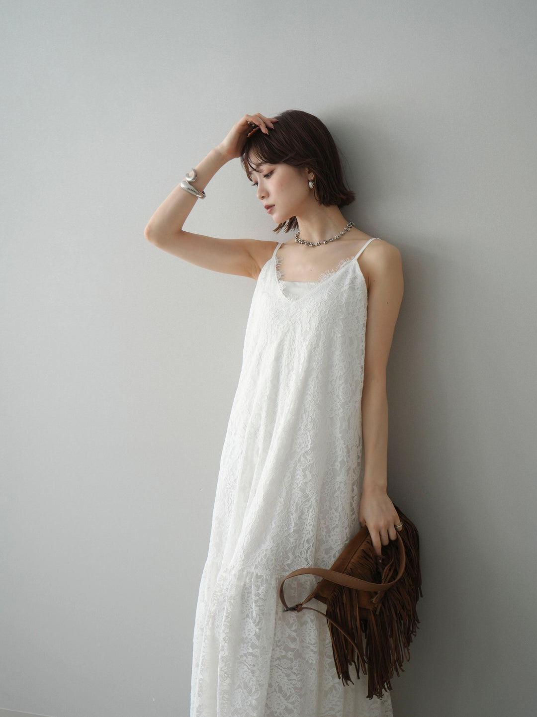 [予約]ギャザー切替レースキャミワンピース/white