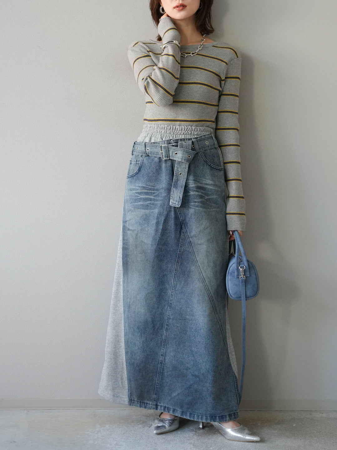 [予約]バックオープンボーダーテレコリブトップス/グレー