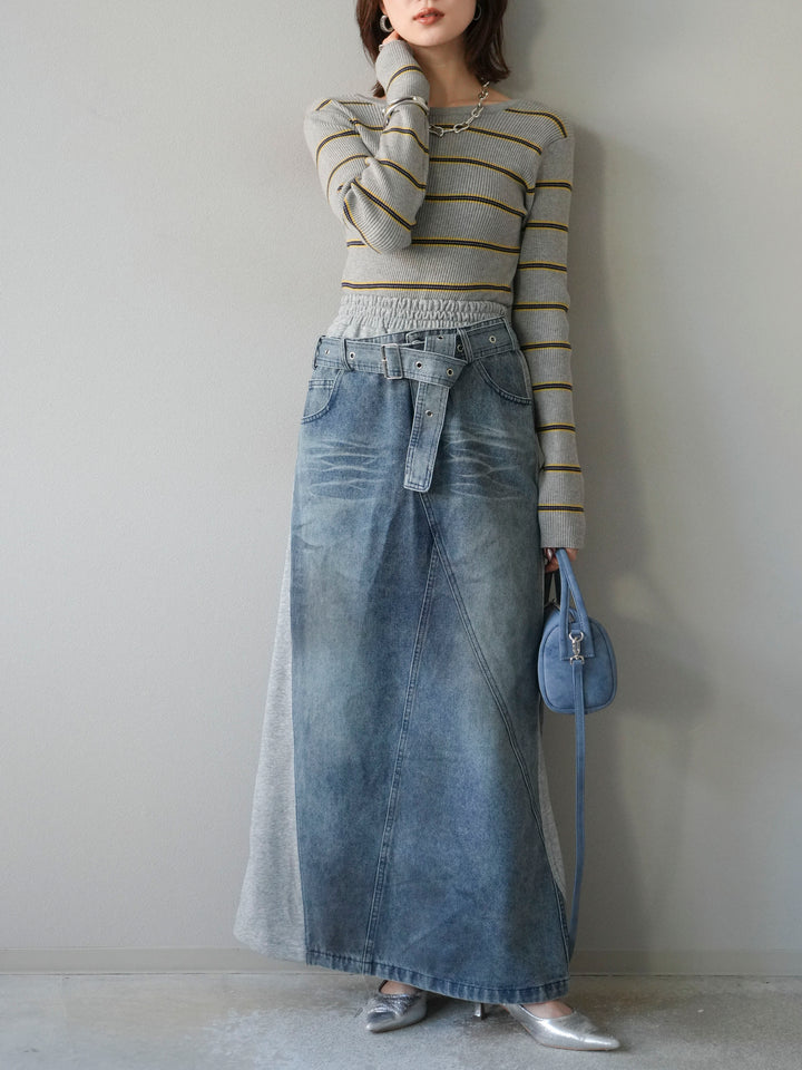 [予約]バックオープンボーダーテレコリブトップス/グレー