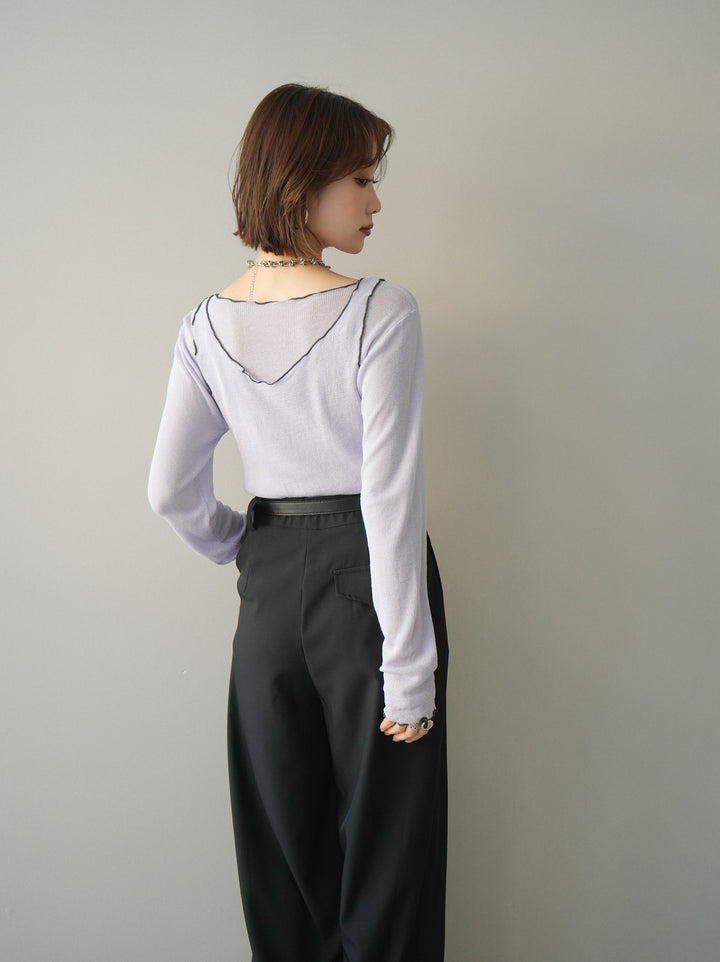 [SET]バイカラーメローアンサンブルシアーニットトップス+ベルト付キーホルダーモチーフワイドパンツ(2set)