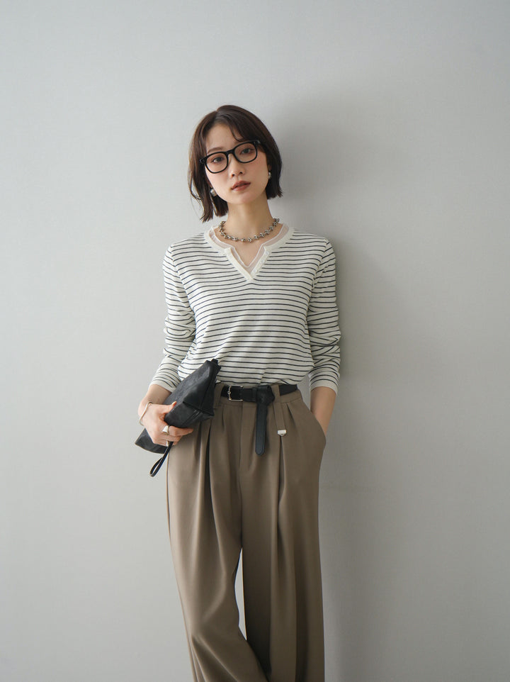 [SET]チュールレイヤードデザインボーダーニットトップス+ベルト付キーホルダーモチーフワイドパンツ(2set)