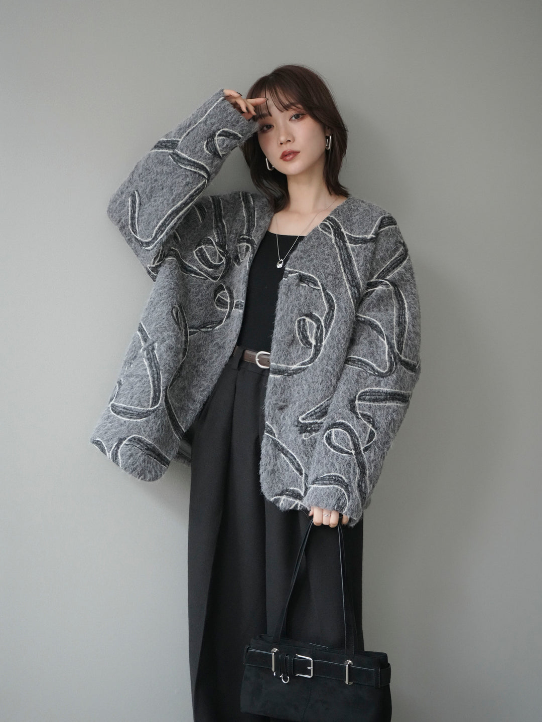 [予約]ニュアンス刺繍ブークレニットジャケット/gray