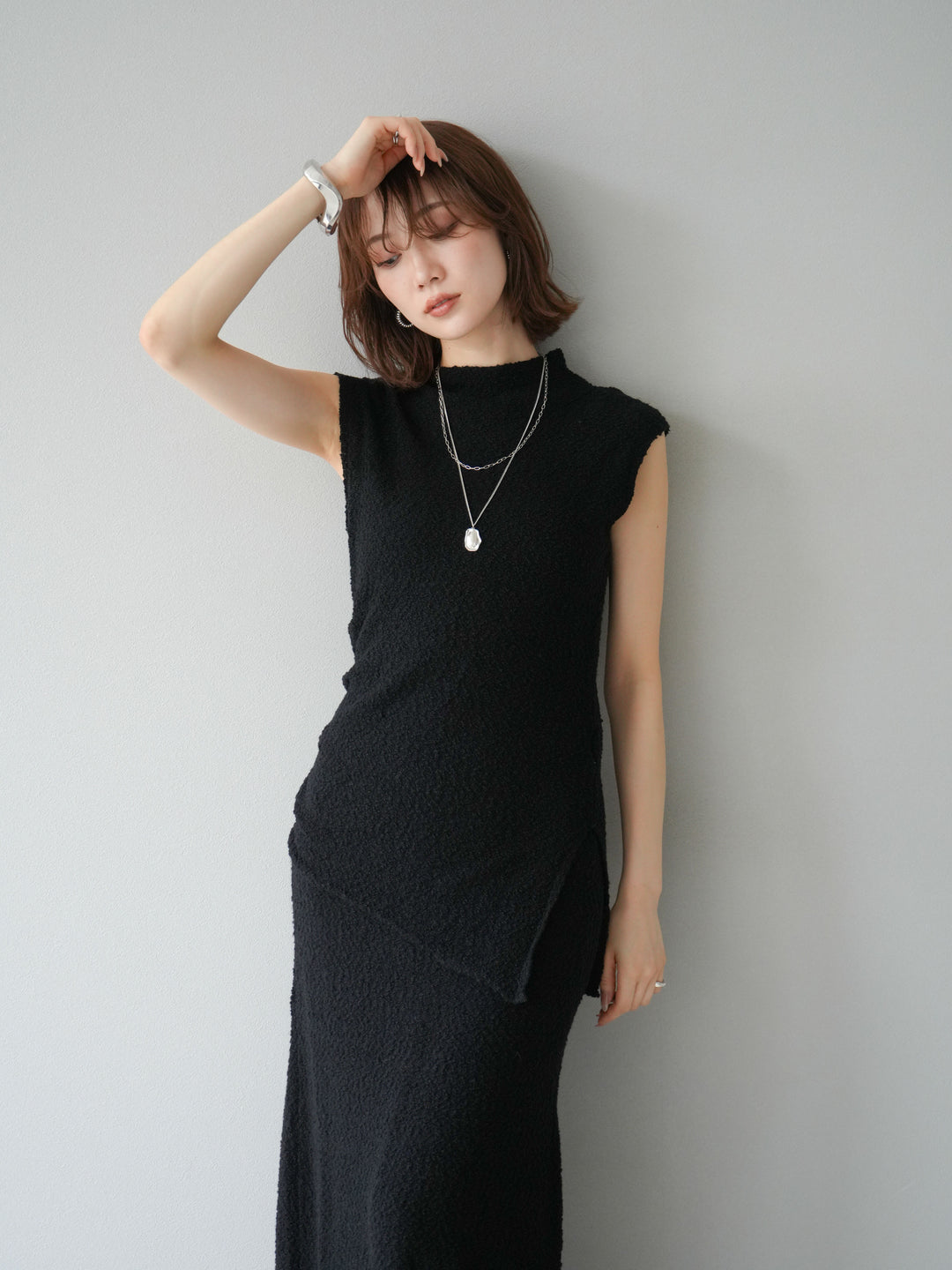 [套裝] 珠地佈針織無袖上衣 + 珠地佈針織I字裙 (2套)