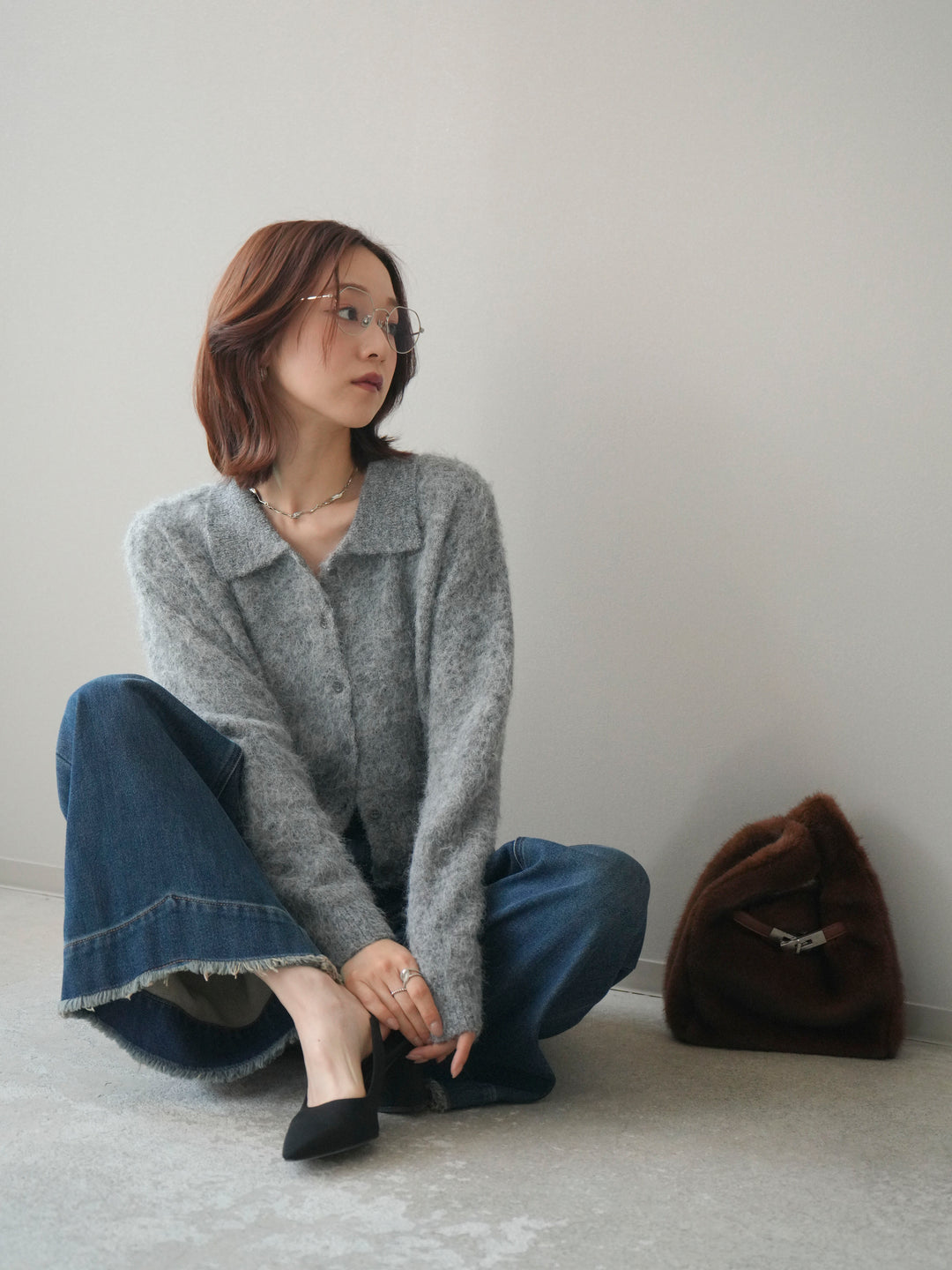 [SET]モヘア衿付きボタンプルオーバー+裏起毛裾フリンジワイドデニムパンツ(2set)