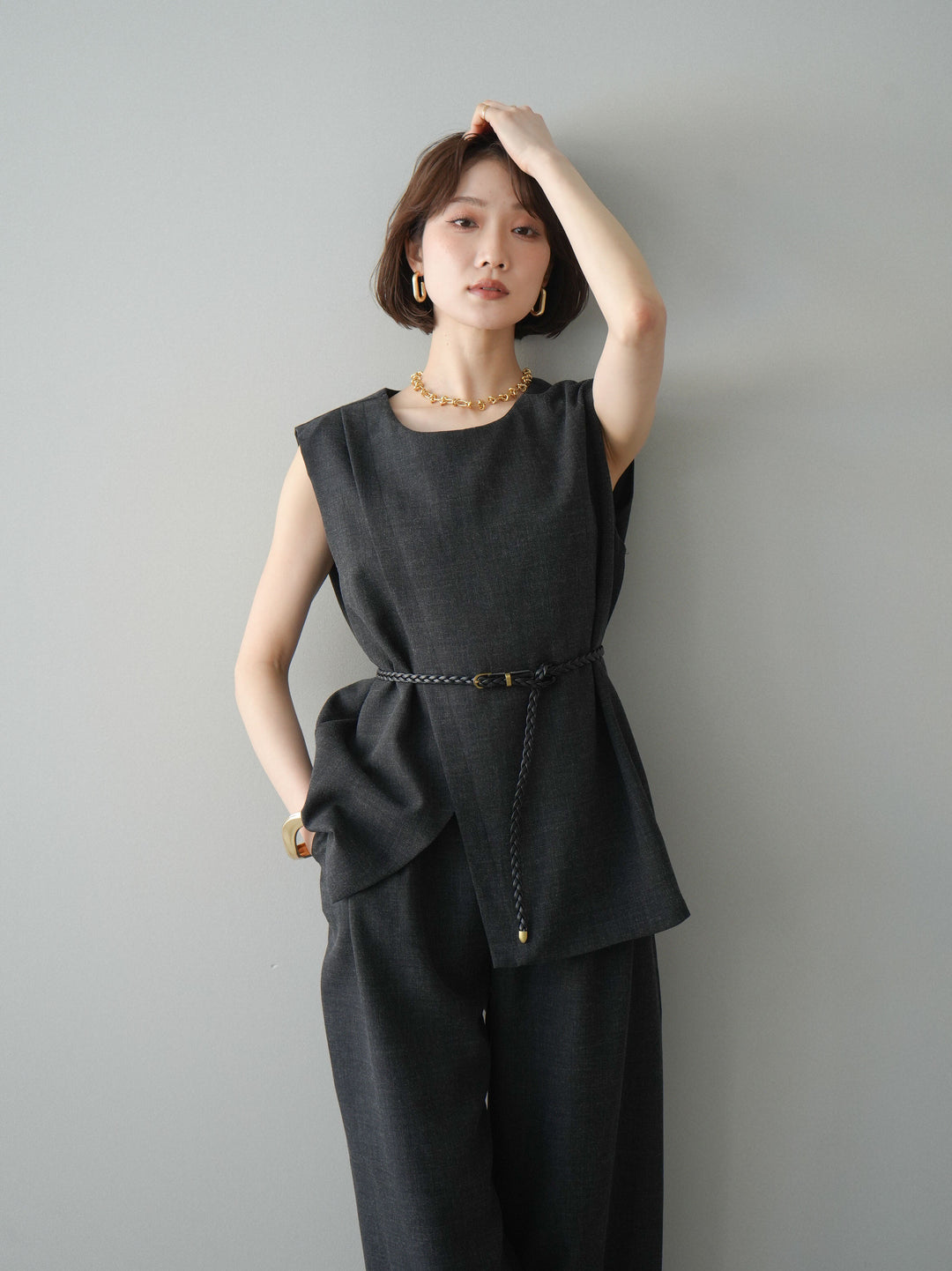 [SET]ベルト付ノースリーブトップス＆ワイドパンツSETUP