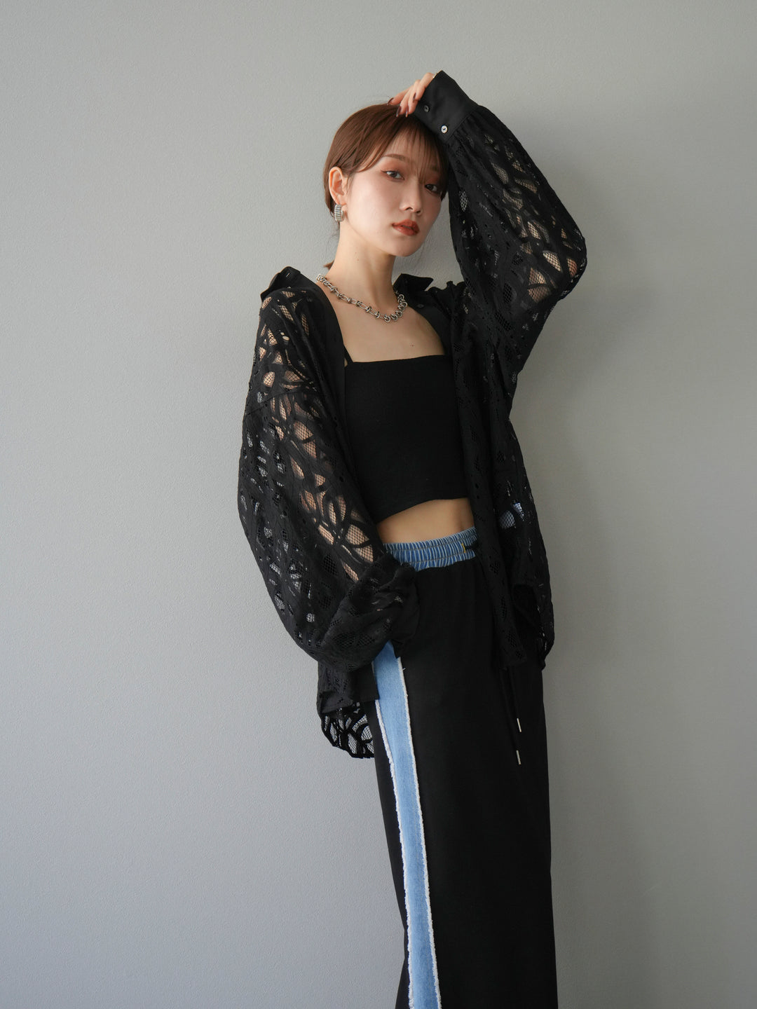 [SET]コードレースオーバーシャツ+デニムドッキングスウェットスカート(2set)