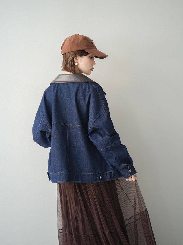 [予約]配色襟レザーデニムブルゾン/indigo