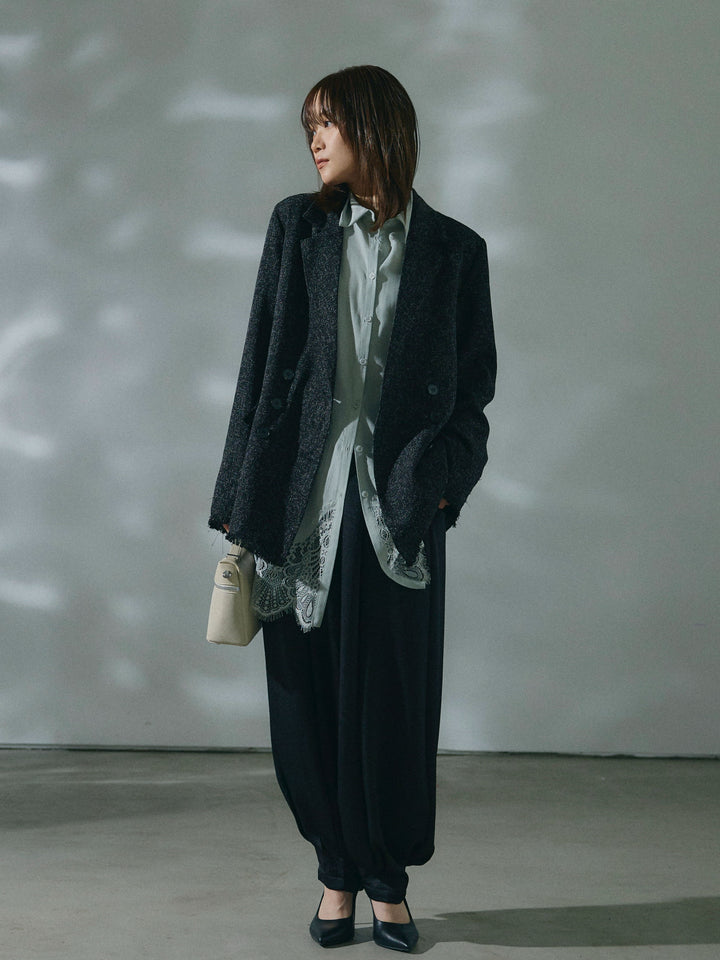 【Allure】[SET]スラブツイードフリンジテーラージャケット+ワッシャーサテンタックジョガーパンツ(2set)
