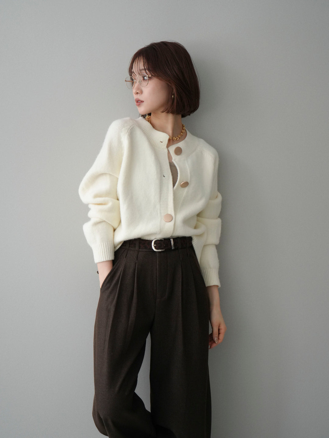 [SET]BIGボタンニットカーディガン+アニマル柄ベルト付きウールタッチワイドパンツ(2set)