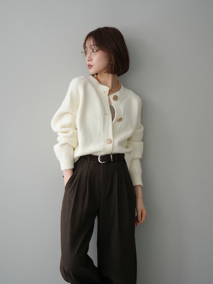[SET]BIGボタンニットカーディガン+アニマル柄ベルト付きウールタッチワイドパンツ(2set)