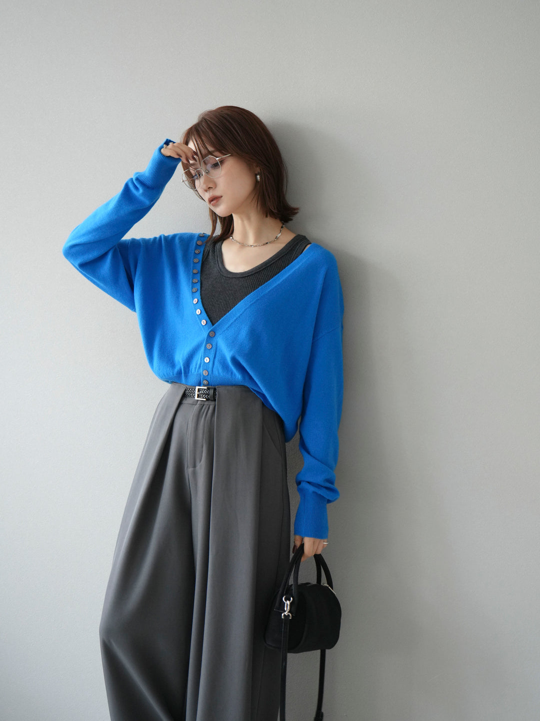 [SET]デザインボタンニットカーディガン＆タンクトップSET+ベルトループデザインワイドパンツ(2set)