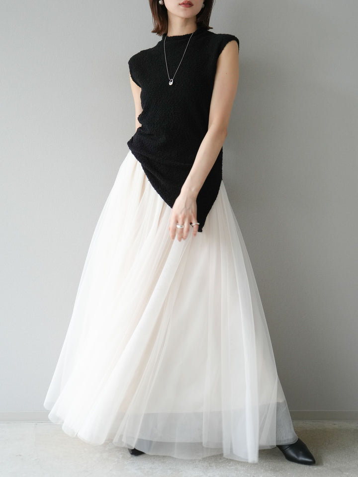 [SET]ブークレアシメニットノースリーブトップス+チュールボリュームスカート(2set)