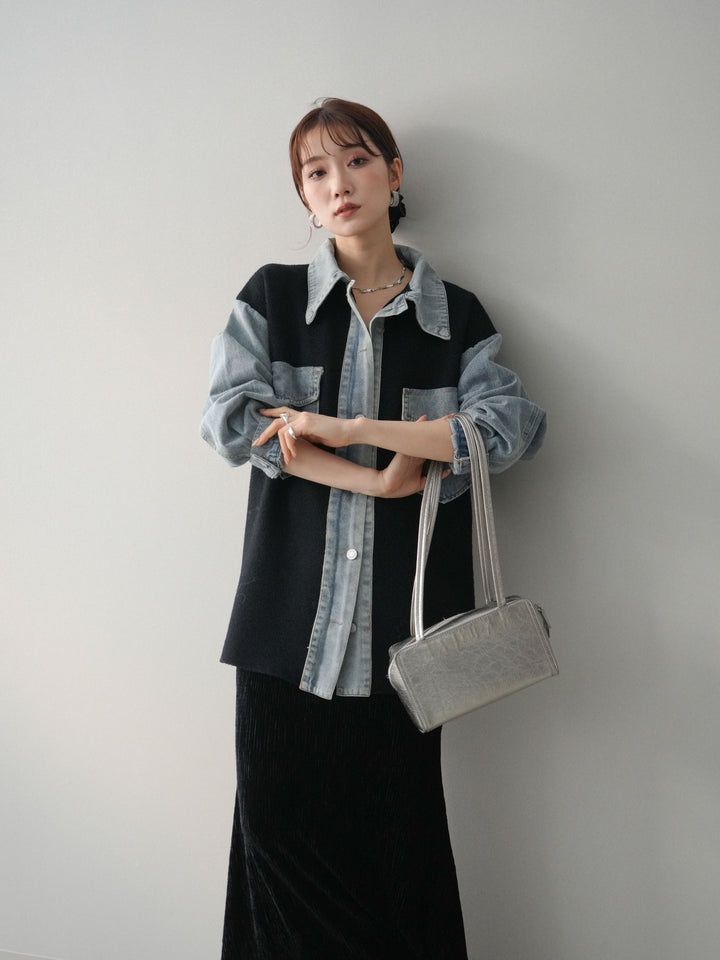 [予約]デニム襟ダブルフェイスニットカーディガン/black