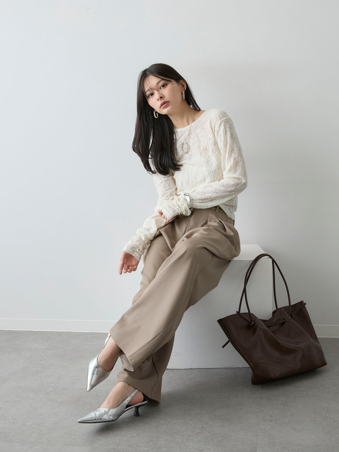 [SET]カットレースバックオープントップス+ツイルタックワイドパンツ(2set)