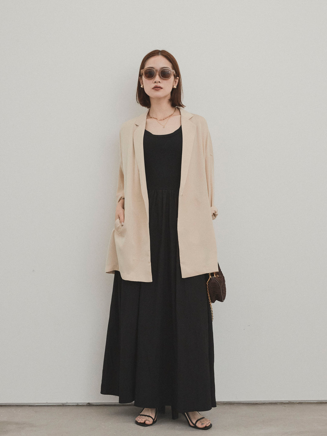 [SET] 霧面緞面外套 + 羅紋對接喇叭裙 (2 件套)