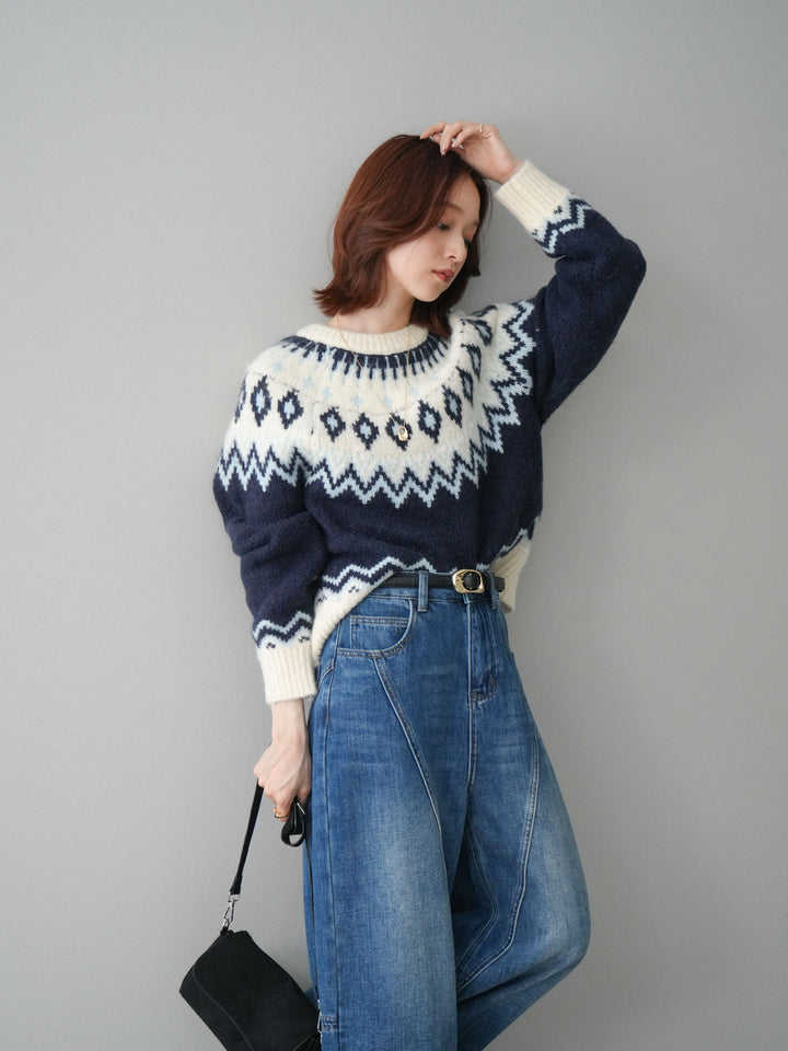 [予約]ノルディック柄ニットプルオーバー/navy