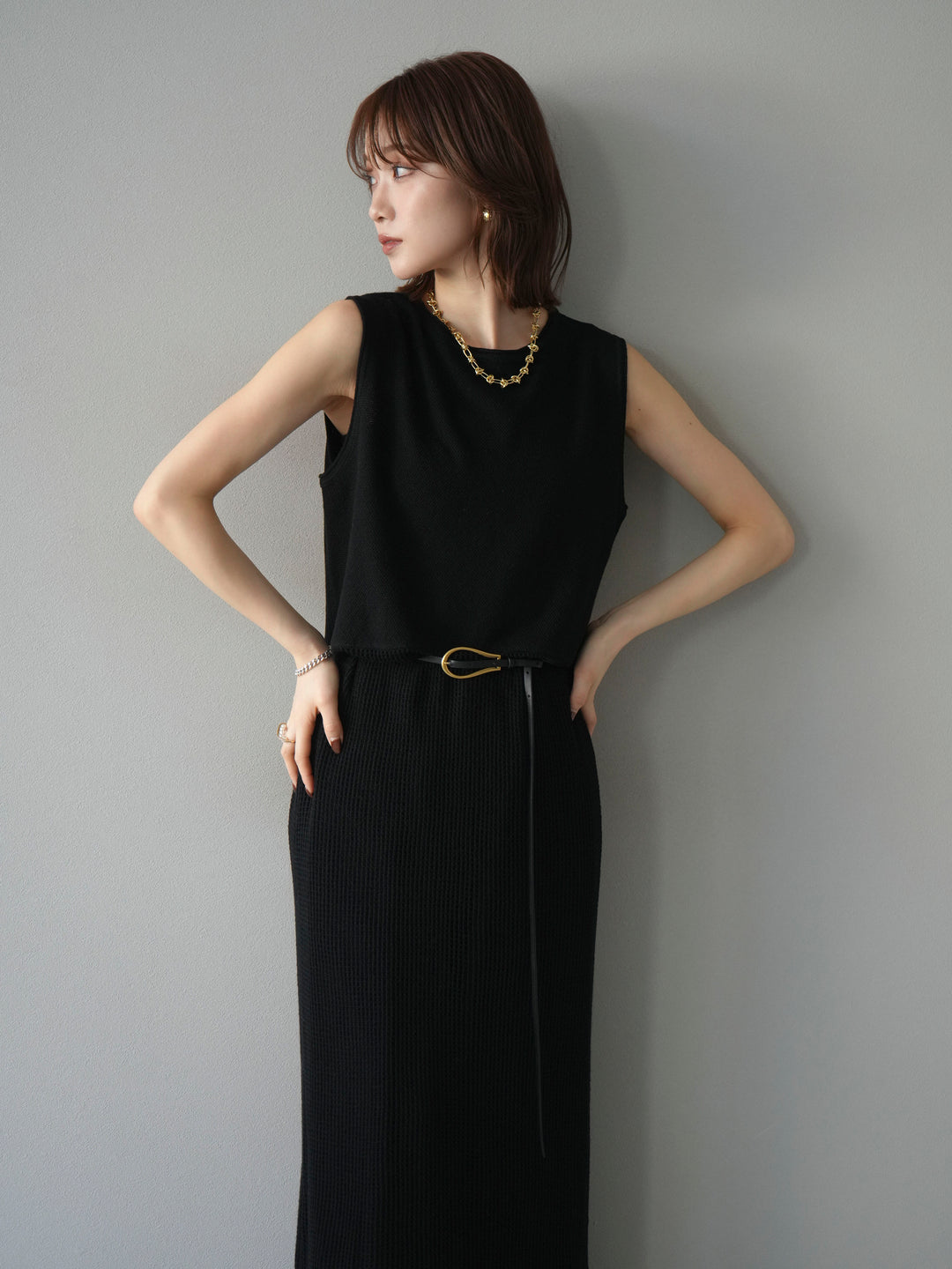 [予約]メッシュ切替ノースリーニットワンピース/black