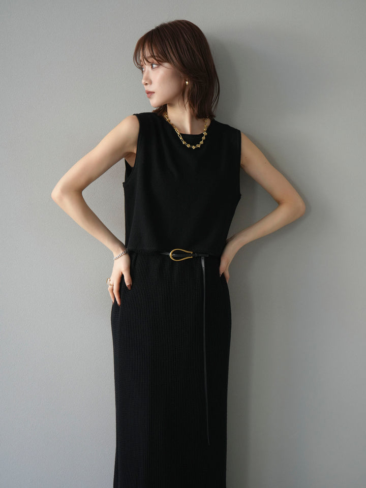 [予約]メッシュ切替ノースリーニットワンピース/black