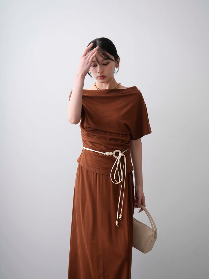 [SET]ベルト付アシメドレープカットソー＆スリットIラインスカートSET UP(2SET)