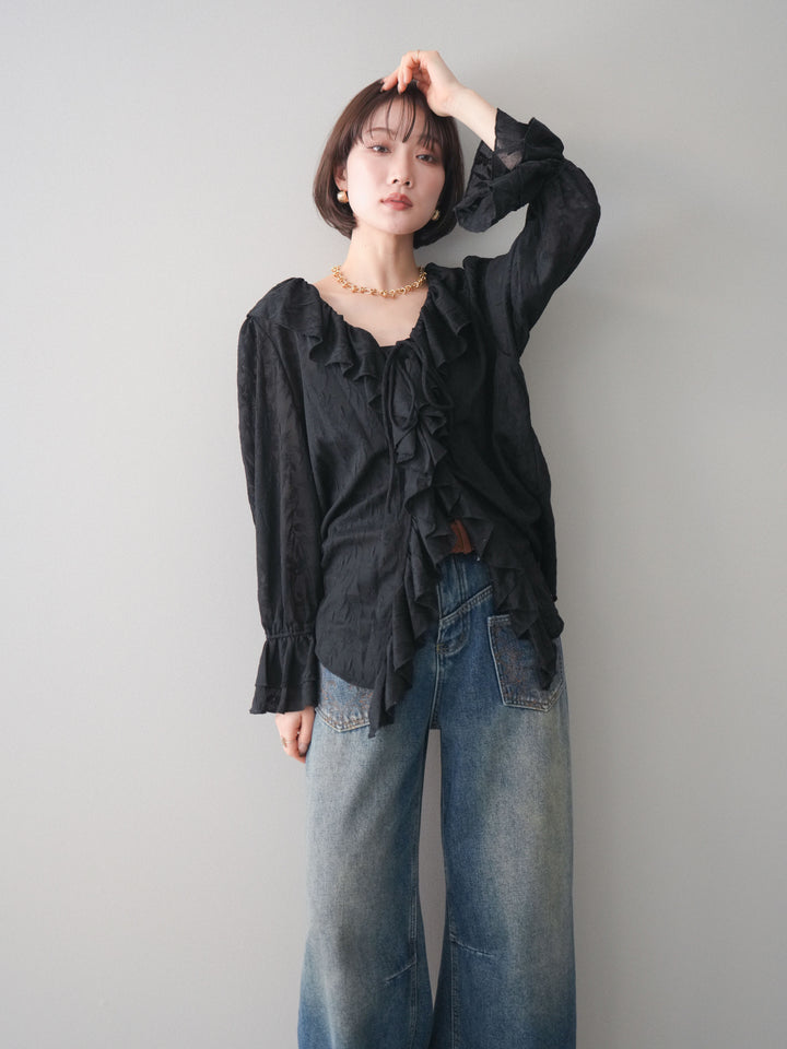 [予約]ラッフルレーススリットブラウス/black