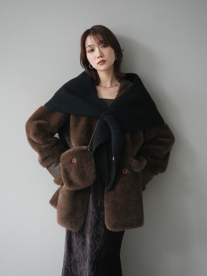 [予約]バッグ付エコファーノーカラーコート/brown