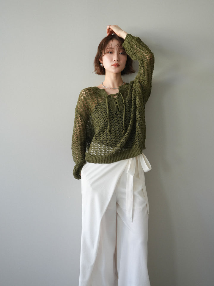 [予約]パネルメッシュニットトップス/khaki