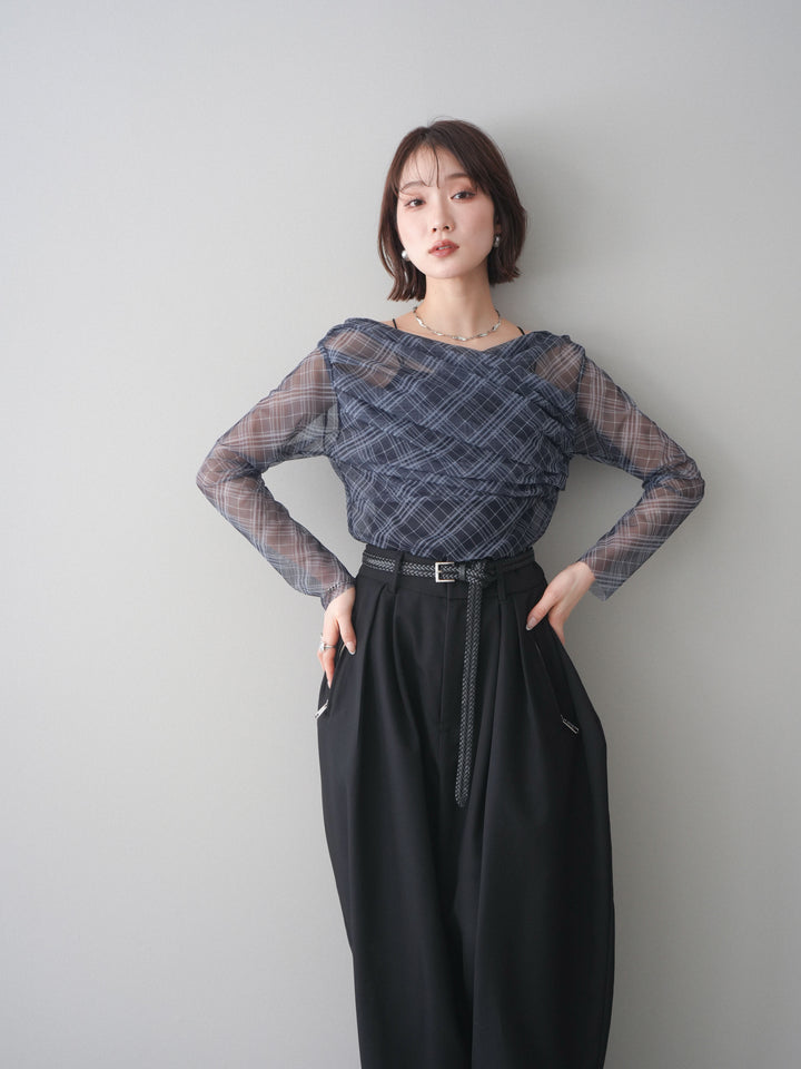 [予約]チュールバイアスチェックプリントタックネックトップス/navy