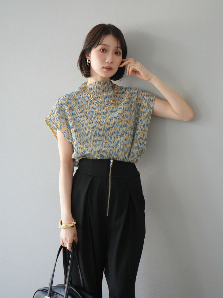 [予約]マルチカラーランダムプリーツフレンチトップス/イエロー