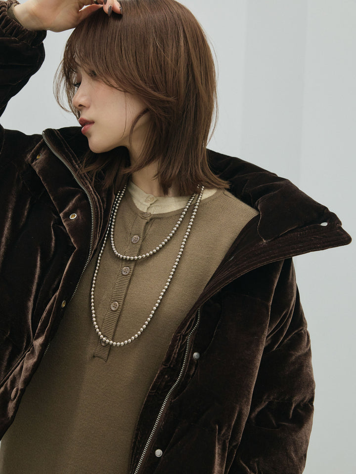 【Allure】[SET]ヘンリーネックレイヤードニットワンピース+ベロアダウンジャケット(2set)