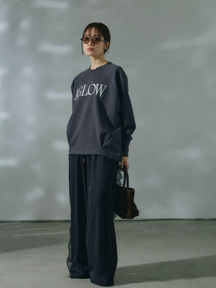 【Allure】[SET]ブークレダンボールロゴ刺繍プルオーバー+サイドピンタックレースイージーワイドパンツ(2set)