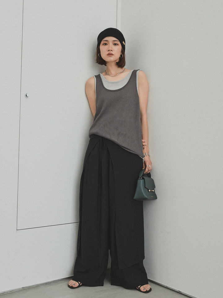 [SET]バイカラーレイヤードニットタンクトップ+ワッシャーサテンレイヤードスカートパンツ(2set)