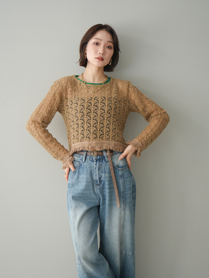 [予約]扇透かし編みクロップドニットプルオーバー/beige