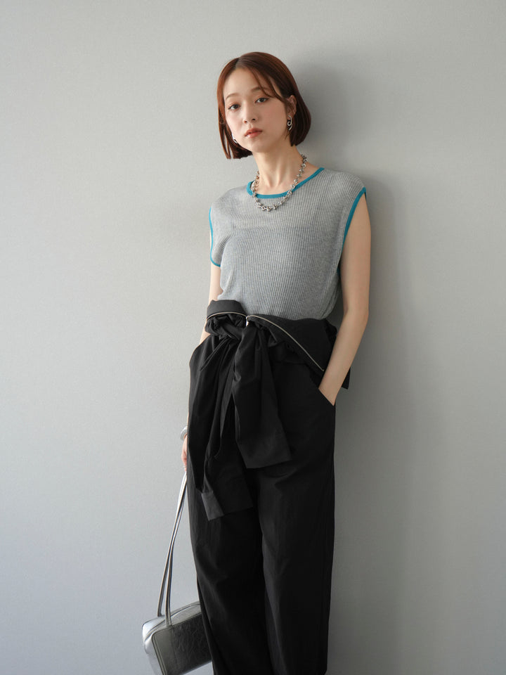 [予約]リネンタッチ配色ニットノースリーブプルオーバー/モクグレー