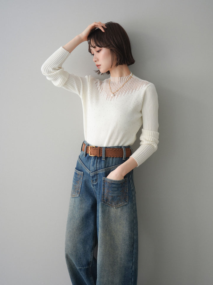 [SET]シアー切替スパンコールリブニットトップス+ベルト付ポケット刺繍カーブデニムパンツ(2set)