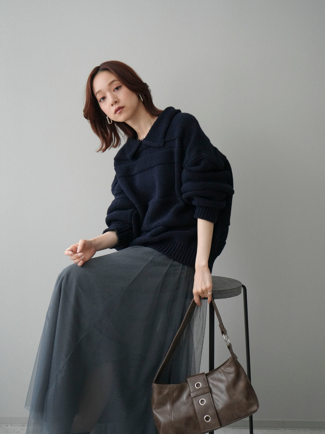 [SET]襟付きボーダー編みニットプルオーバー+チュールボリュームスカート(2set)