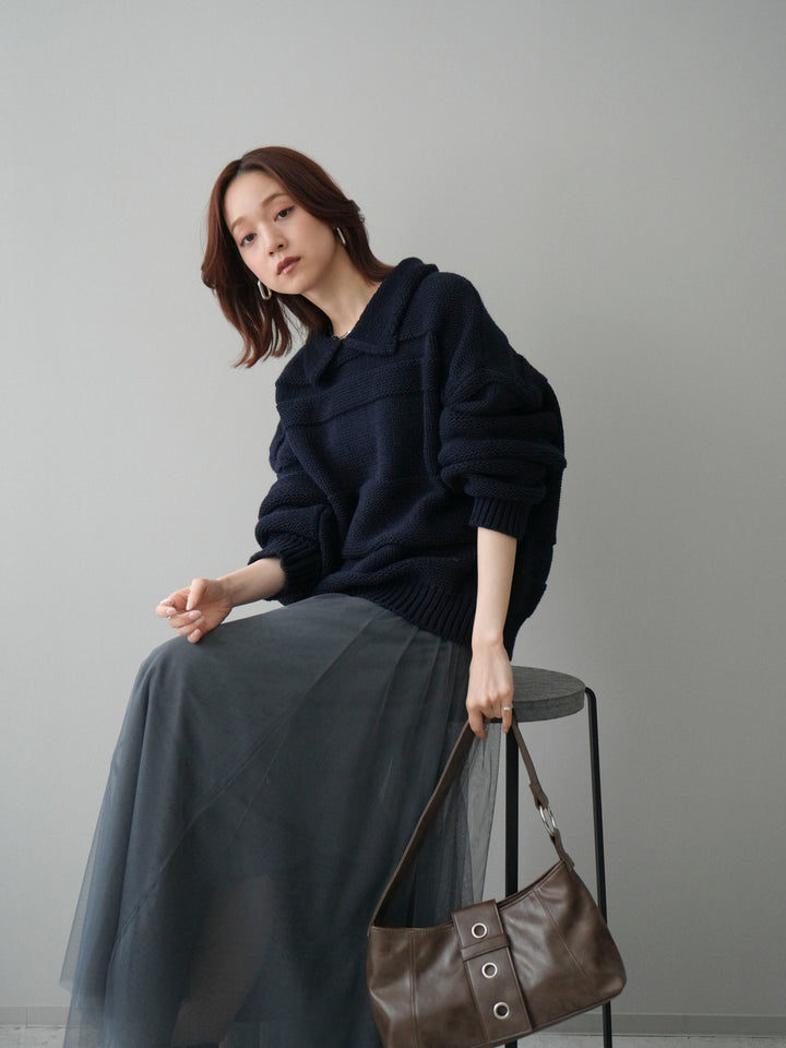 [SET]襟付きボーダー編みニットプルオーバー+チュールボリュームスカート(2set)