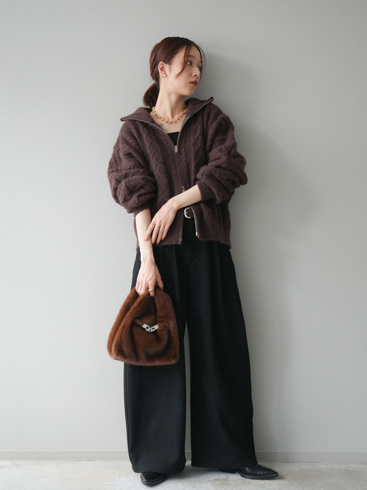 [予約]アニマル柄ベルト付きウールタッチワイドパンツ/black