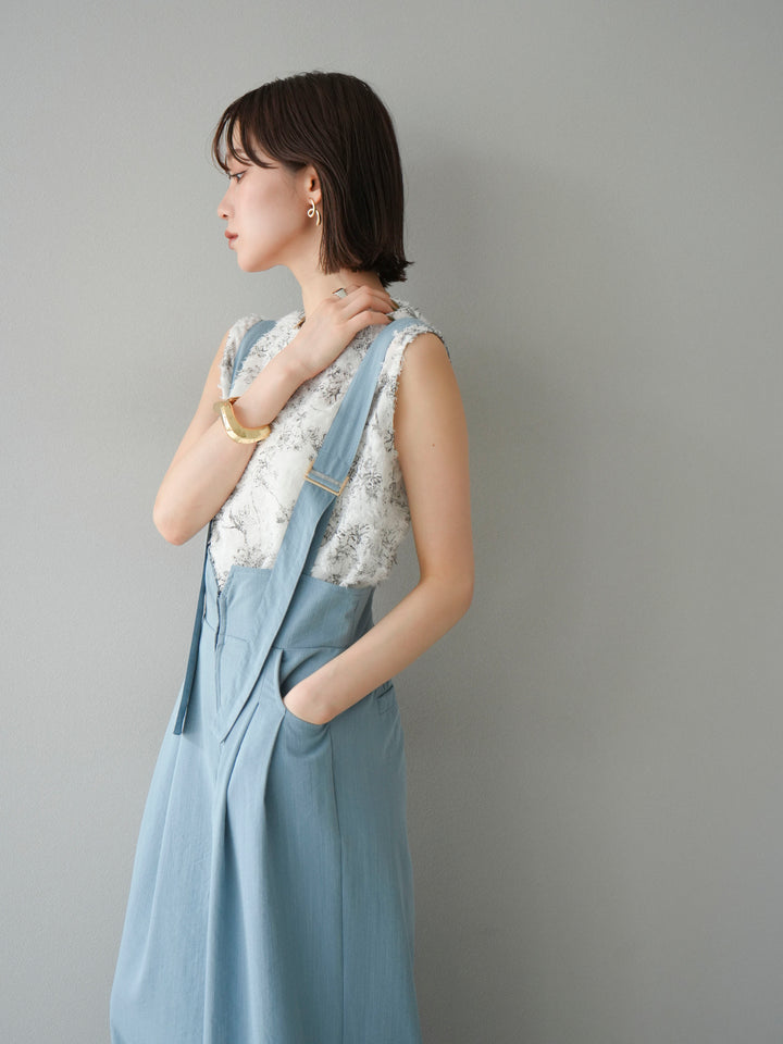 [SET]ストリングデザインハイウエストサロペット+ニュアンスフリンジジャガードノースリーブブラウス(2set)