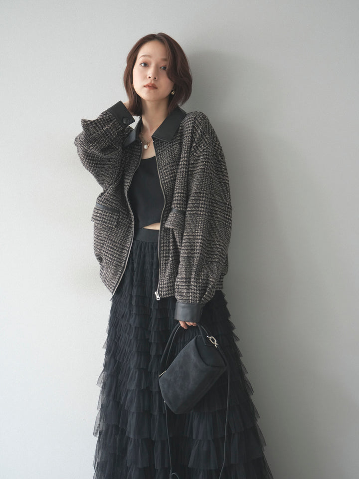 [予約]レザー襟ミックスツイードジャケット/brown