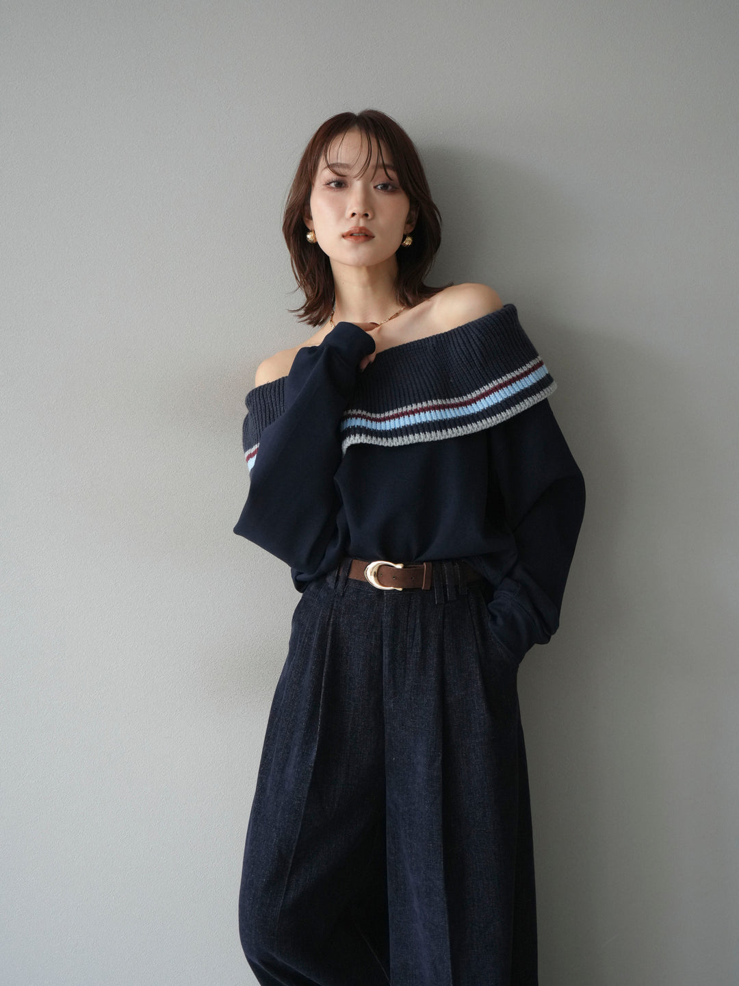 [予約]ボーダーニットオフショルダーxスウェットプルオーバー/navy