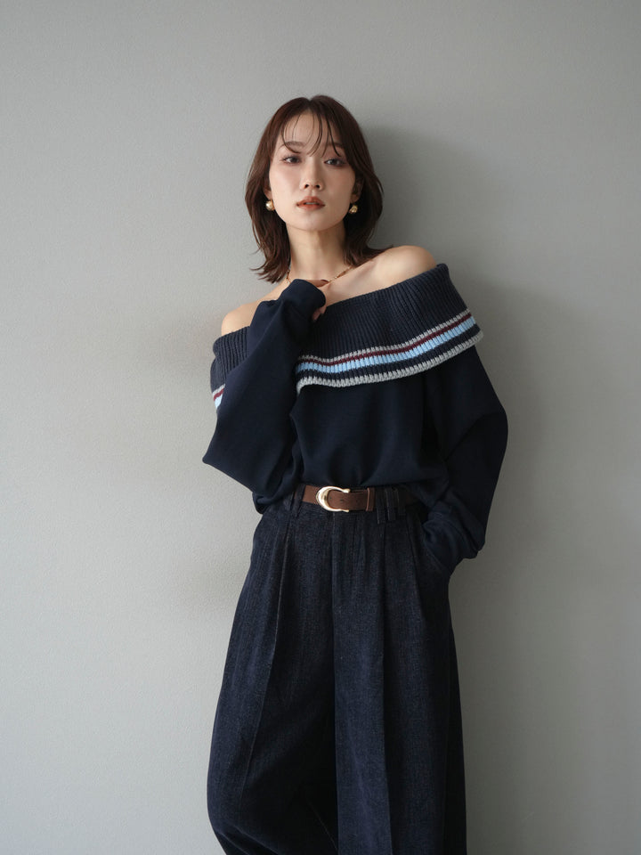 [予約]ボーダーニットオフショルダーxスウェットプルオーバー/navy