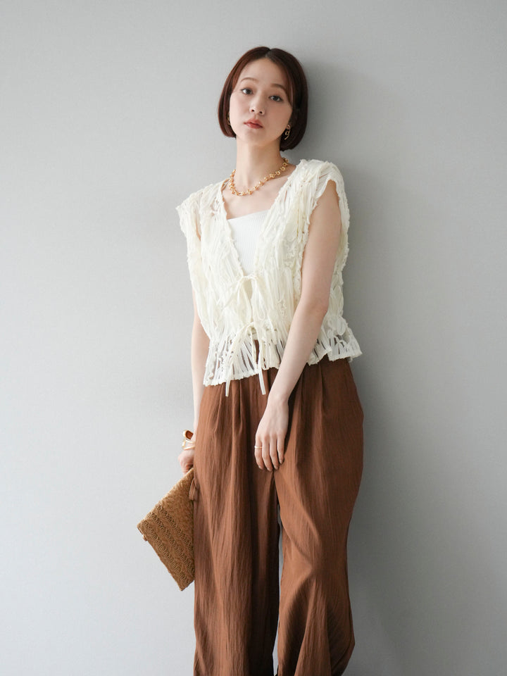 [SET] 提花蕾絲蝴蝶結上衣+麻質下擺迴力寬褲（2件套）