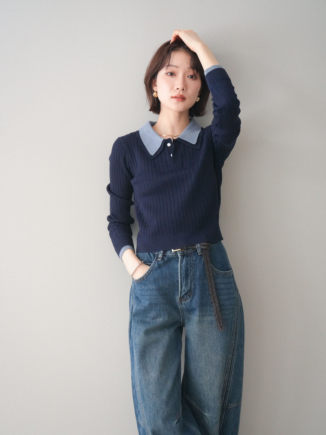 [予約]ダブル襟ポロリブニットトップス/navy