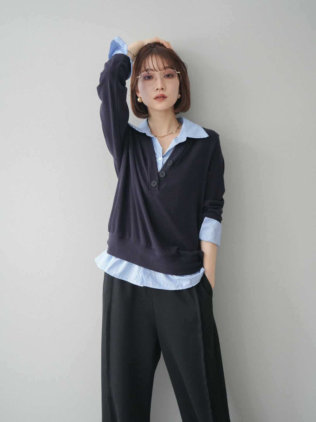 [予約]シャツレイヤードデザインカットプルオーバー/navy
