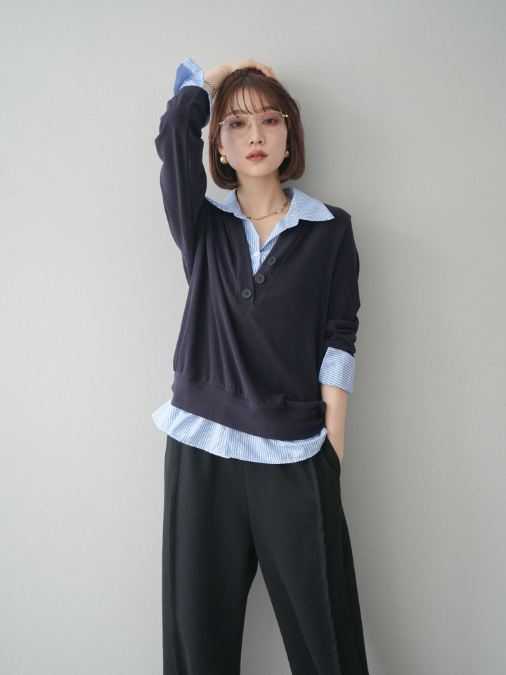 [予約]シャツレイヤードデザインカットプルオーバー/navy
