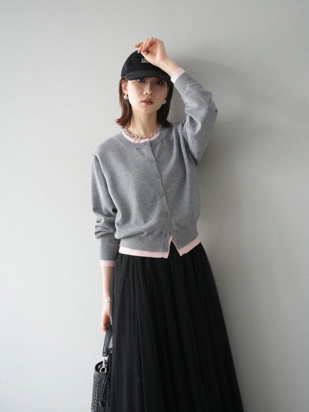 [SET]配色レイヤードカーディガン+チュールボリュームスカート(2set)