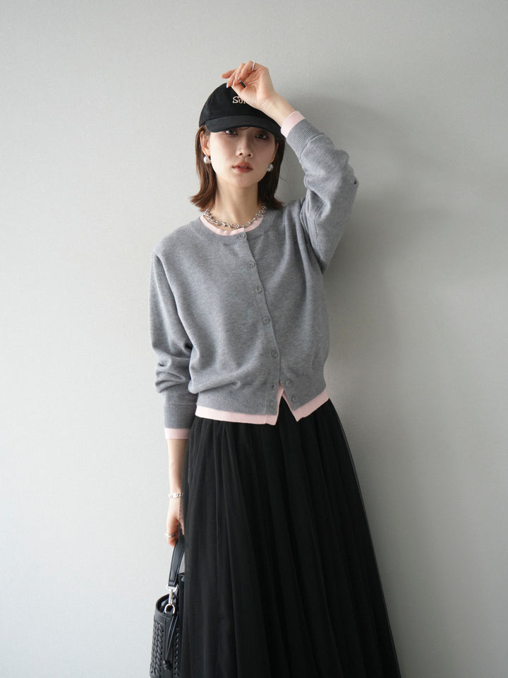 [SET]配色レイヤードカーディガン+チュールボリュームスカート(2set)
